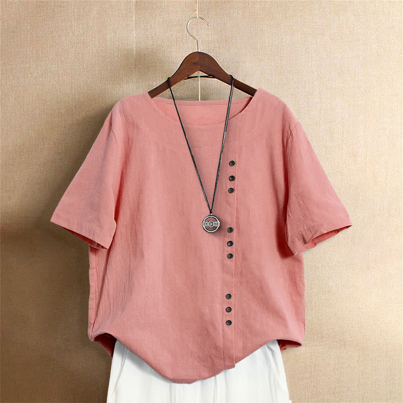 Buddha Stones カジュアル サマー ピュアカラー ジャカード ボタン クルーネック コットン レディース 半袖 Tシャツ - 鮭 - US18、 UK/AU22、 EU50 (5XL) - image 35