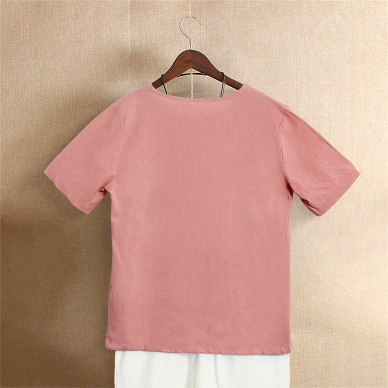 Buddha Stones カジュアル サマー ピュアカラー ジャカード ボタン クルーネック コットン レディース 半袖 Tシャツ - image 36