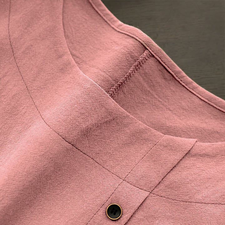 Buddha Stones カジュアル サマー ピュアカラー ジャカード ボタン クルーネック コットン レディース 半袖 Tシャツ - image 37