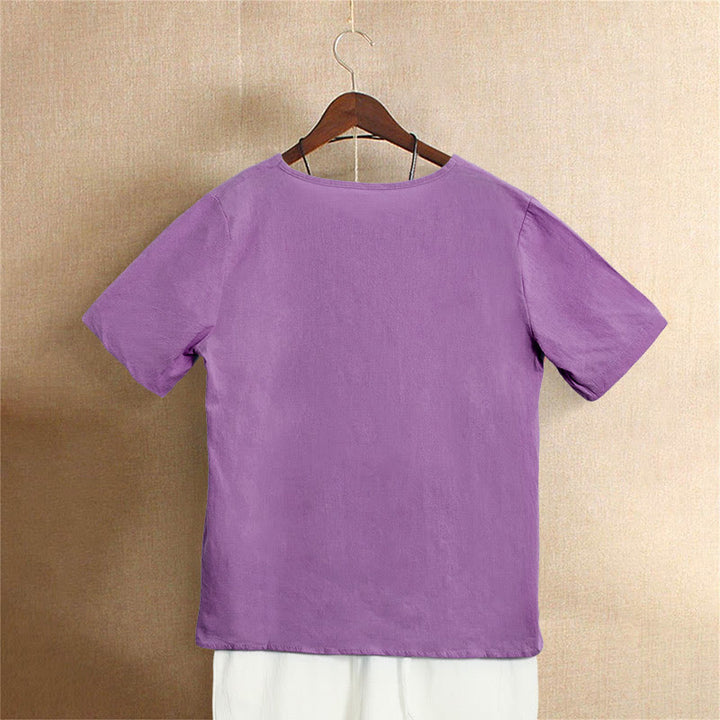 Buddha Stones カジュアル サマー ピュアカラー ジャカード ボタン クルーネック コットン レディース 半袖 Tシャツ - image 41