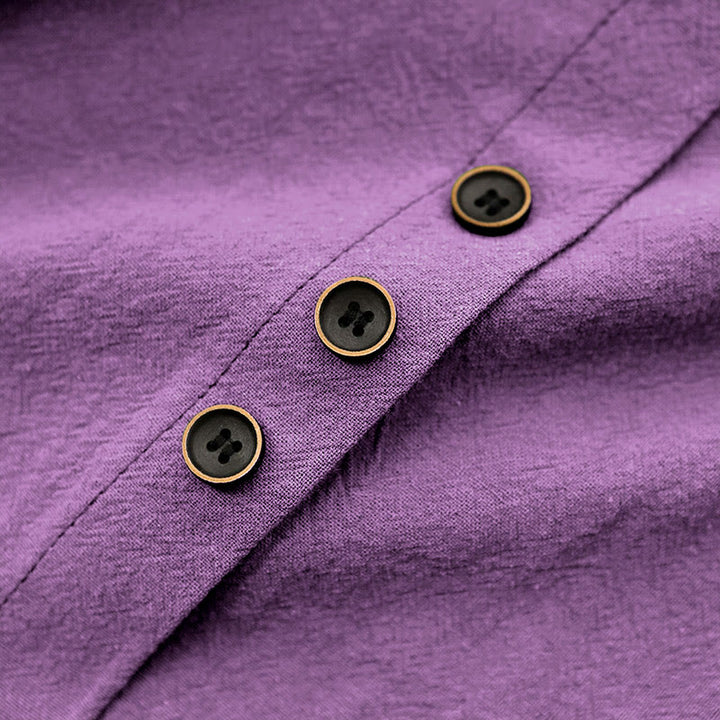 Buddha Stones カジュアル サマー ピュアカラー ジャカード ボタン クルーネック コットン レディース 半袖 Tシャツ - image 43