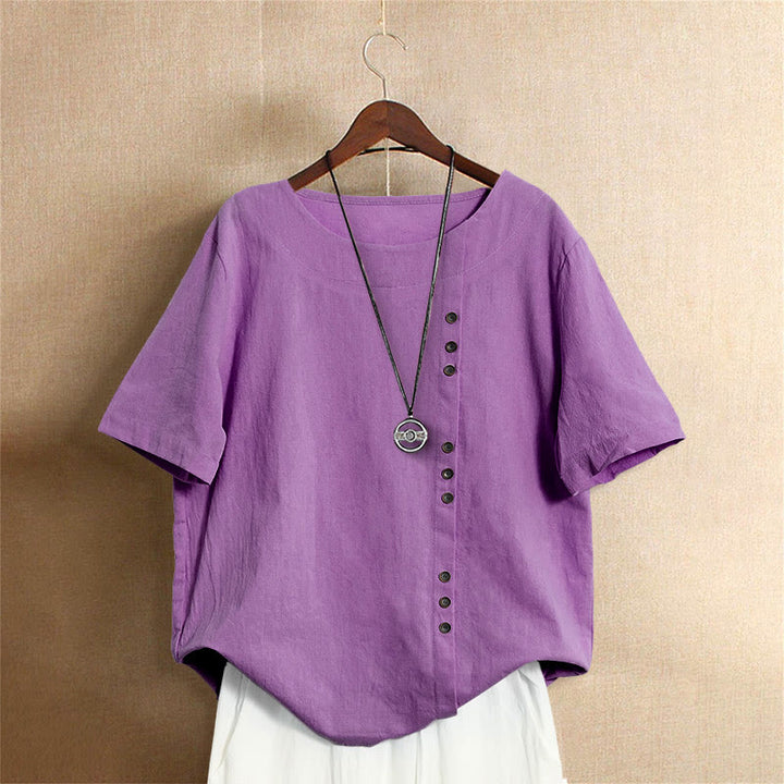 Buddha Stones カジュアル サマー ピュアカラー ジャカード ボタン クルーネック コットン レディース 半袖 Tシャツ - ミディアムオーキッド - US18、 UK/AU22、 EU50 (5XL) - image 40