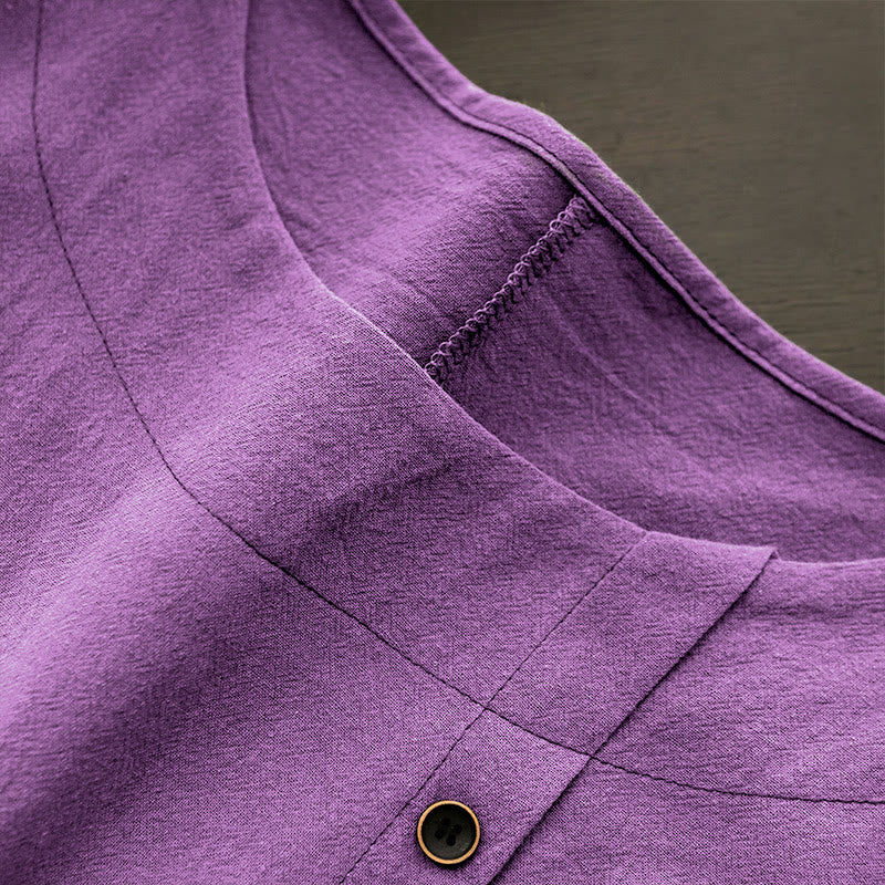 Buddha Stones カジュアル サマー ピュアカラー ジャカード ボタン クルーネック コットン レディース 半袖 Tシャツ - image 42