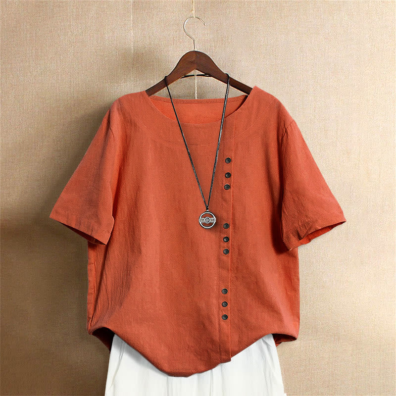 Buddha Stones カジュアル サマー ピュアカラー ジャカード ボタン クルーネック コットン レディース 半袖 Tシャツ - オレンジレッド - US18、 UK/AU22、 EU50 (5XL) - image 45