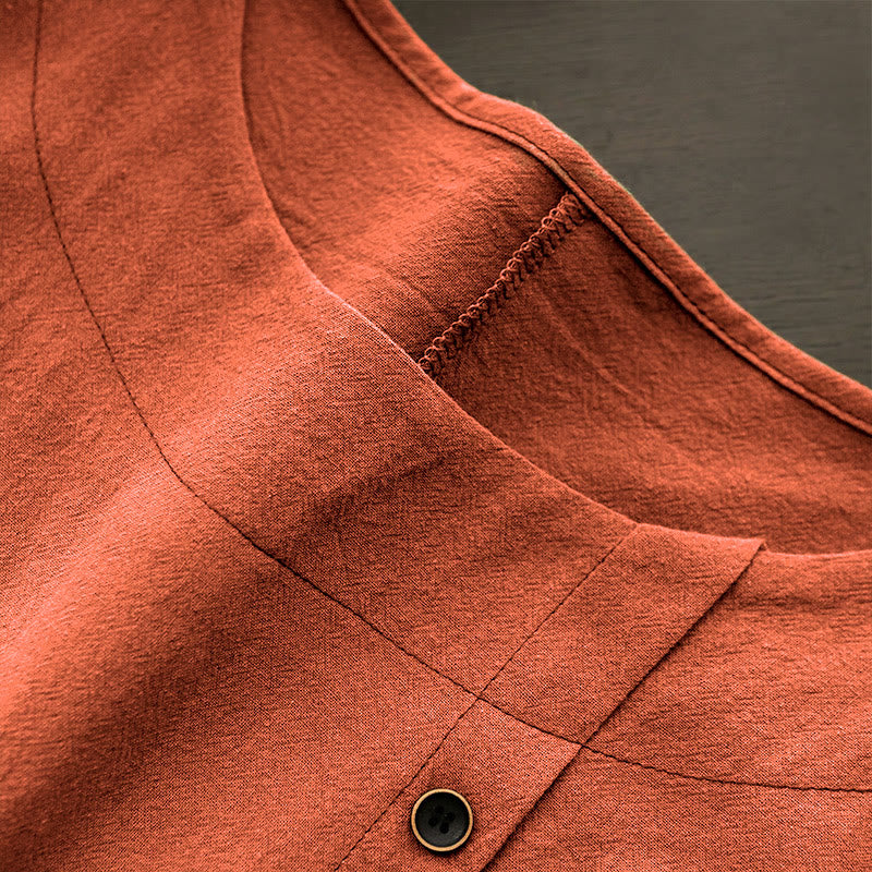 Buddha Stones カジュアル サマー ピュアカラー ジャカード ボタン クルーネック コットン レディース 半袖 Tシャツ - image 47