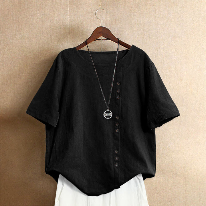 Buddha Stones カジュアル サマー ピュアカラー ジャカード ボタン クルーネック コットン レディース 半袖 Tシャツ - 黒 - US18、 UK/AU22、 EU50 (5XL) - image 50