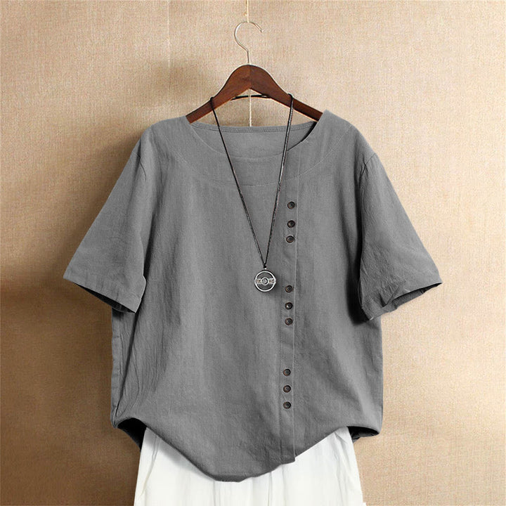 Buddha Stones カジュアル サマー ピュアカラー ジャカード ボタン クルーネック コットン レディース 半袖 Tシャツ - グレー - US18、 UK/AU22、 EU50 (5XL) - image 55