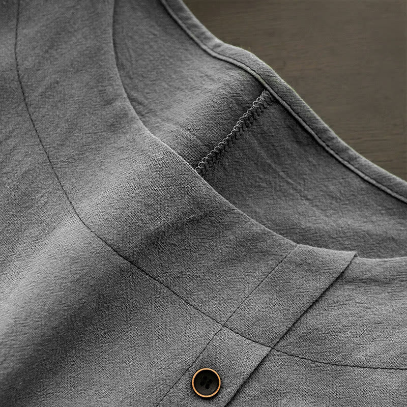 Buddha Stones カジュアル サマー ピュアカラー ジャカード ボタン クルーネック コットン レディース 半袖 Tシャツ - image 57