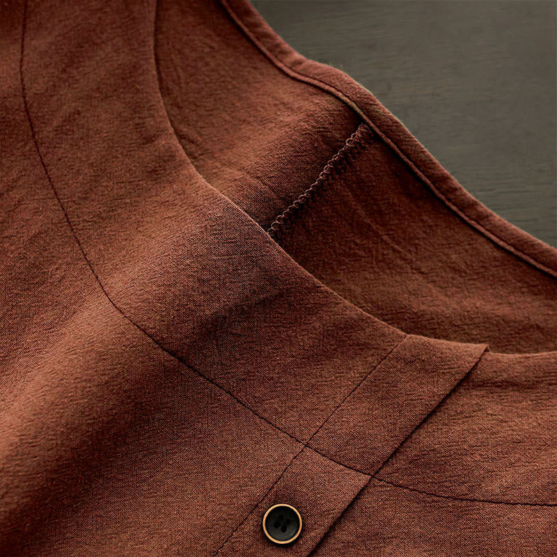 Buddha Stones カジュアル サマー ピュアカラー ジャカード ボタン クルーネック コットン レディース 半袖 Tシャツ - image 27