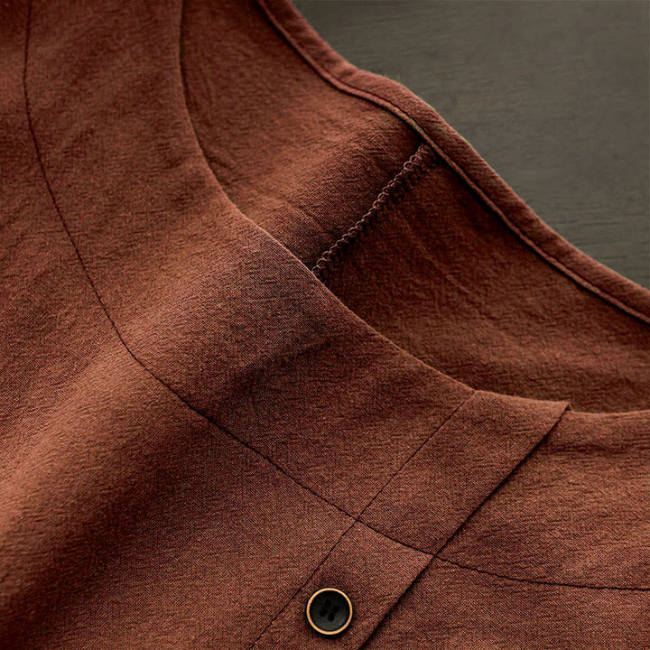 Buddha Stones カジュアル サマー ピュアカラー ジャカード ボタン クルーネック コットン レディース 半袖 Tシャツ - image 27