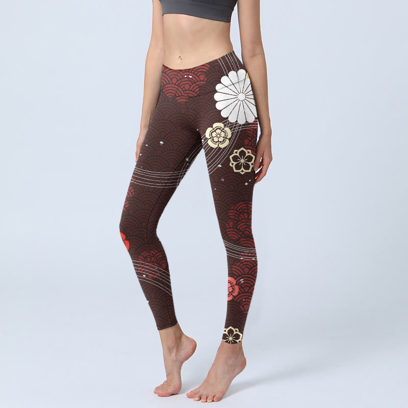 Buddha Stones赤茶色の花柄扇形波プリントジムレギンスレディースヨガパンツ - サドルブラウン - US18、 UK/AU22、 EU50 (4XL) - image 1