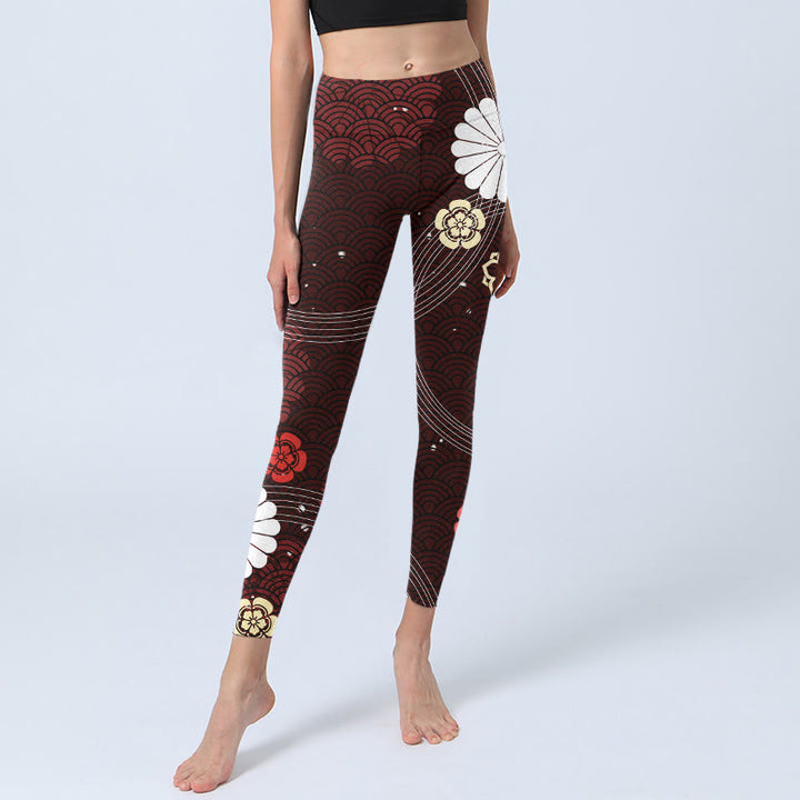 Buddha Stones赤茶色の花柄扇形波プリントジムレギンスレディースヨガパンツ - image 6