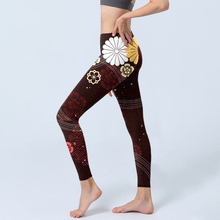 Buddha Stones赤茶色の花柄扇形波プリントジムレギンスレディースヨガパンツ - image 3