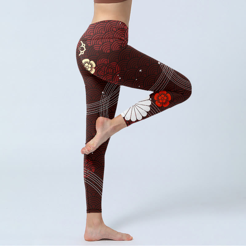 Buddha Stones赤茶色の花柄扇形波プリントジムレギンスレディースヨガパンツ - image 4