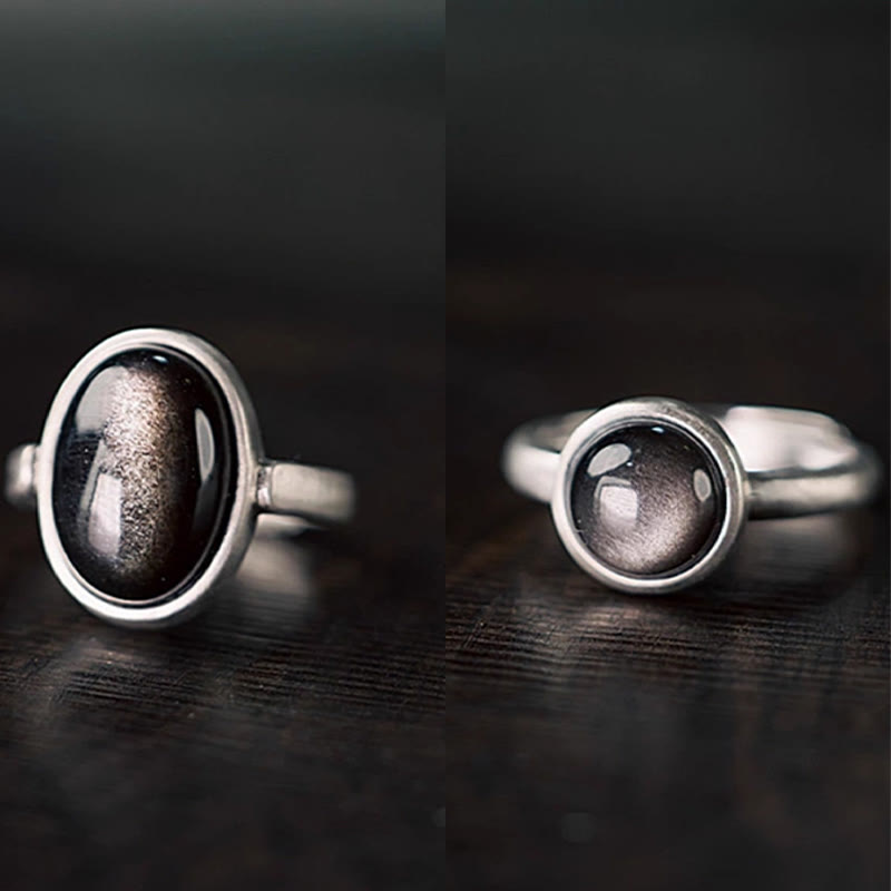 Buddha Stones天然 925 スターリングシルバー シルバーシーンオブシディアン 調節可能 プロテクションリング - image 13