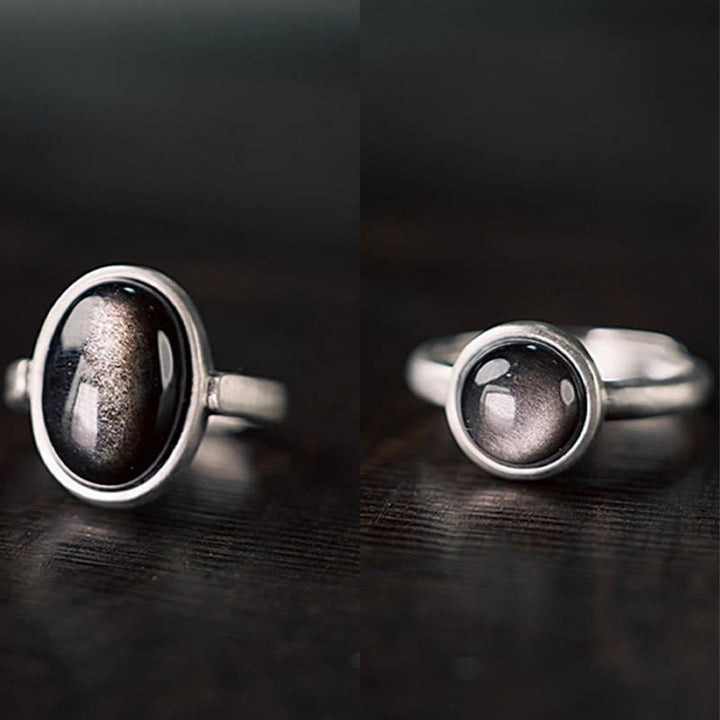 Buddha Stones天然 925 スターリングシルバー シルバーシーンオブシディアン 調節可能 プロテクションリング - image 13