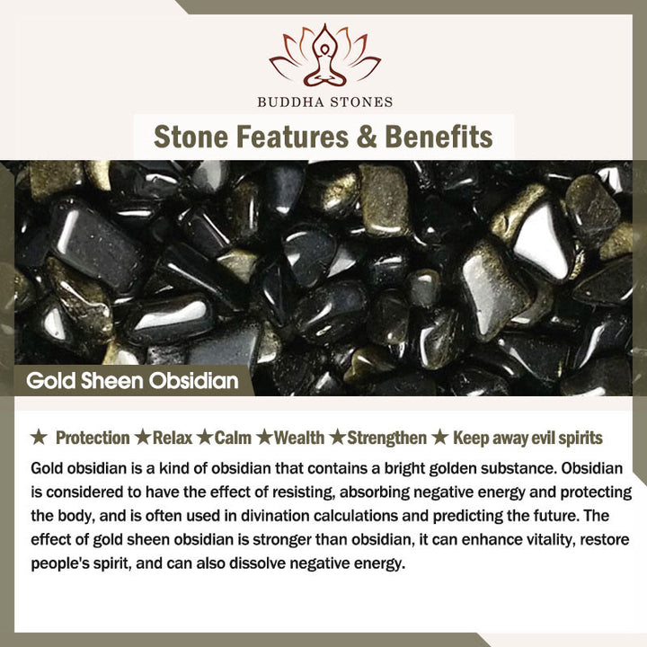 Buddha Stones天然 925 スターリングシルバー ゴールドシーン オブシディアン 調節可能 富の指輪