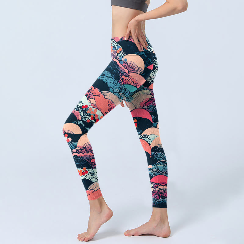 Buddha Stonesとカラフルな海の波柄プリントのジムレギンス レディース ヨガパンツ - image 3