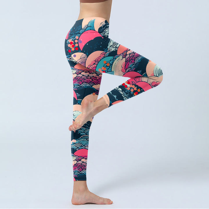 Buddha Stonesとカラフルな海の波柄プリントのジムレギンス レディース ヨガパンツ - image 4