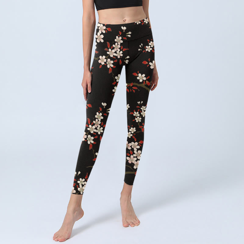 Buddha Stones、白い桜、赤い葉のプリントジムレギンス、レディースヨガパンツ - image 6