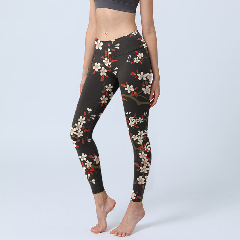 Buddha Stones、白い桜、赤い葉のプリントジムレギンス、レディースヨガパンツ - 黒 - US18、 UK/AU22、 EU50 (4XL) - image 1
