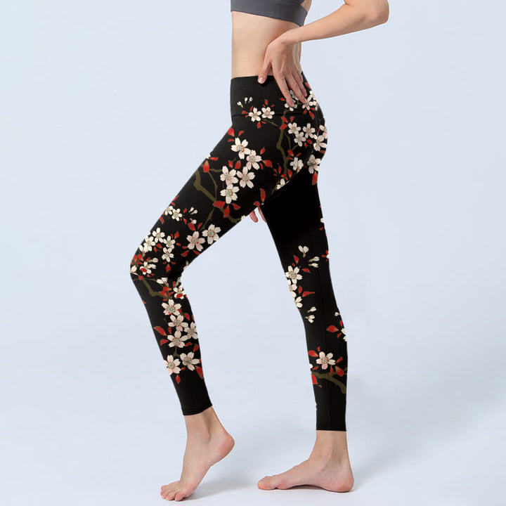 Buddha Stones、白い桜、赤い葉のプリントジムレギンス、レディースヨガパンツ - image 3
