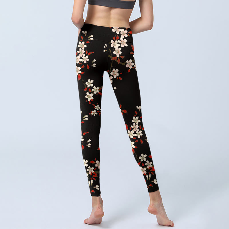 Buddha Stones、白い桜、赤い葉のプリントジムレギンス、レディースヨガパンツ - image 7