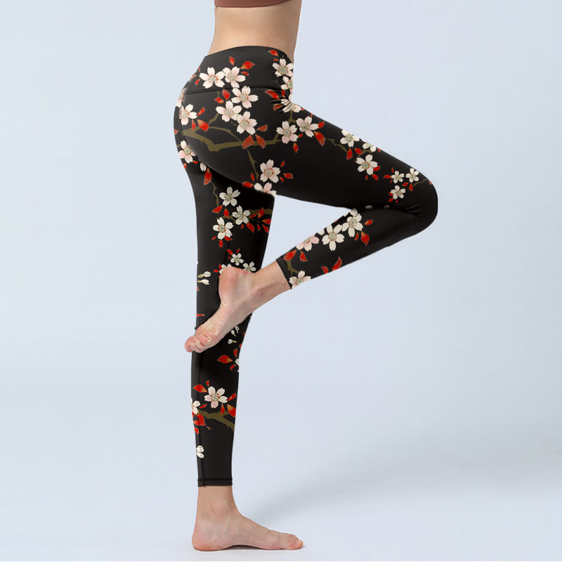 Buddha Stones、白い桜、赤い葉のプリントジムレギンス、レディースヨガパンツ - image 4