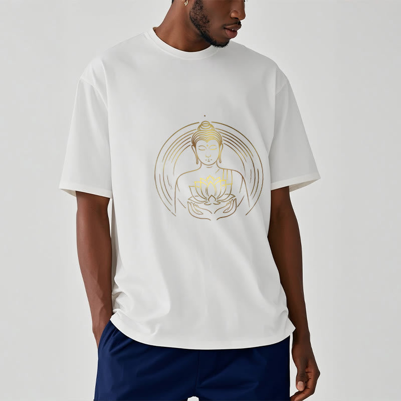 Buddha Stones蓮の花を持つ黄金の仏像 Tシャツ - image 1