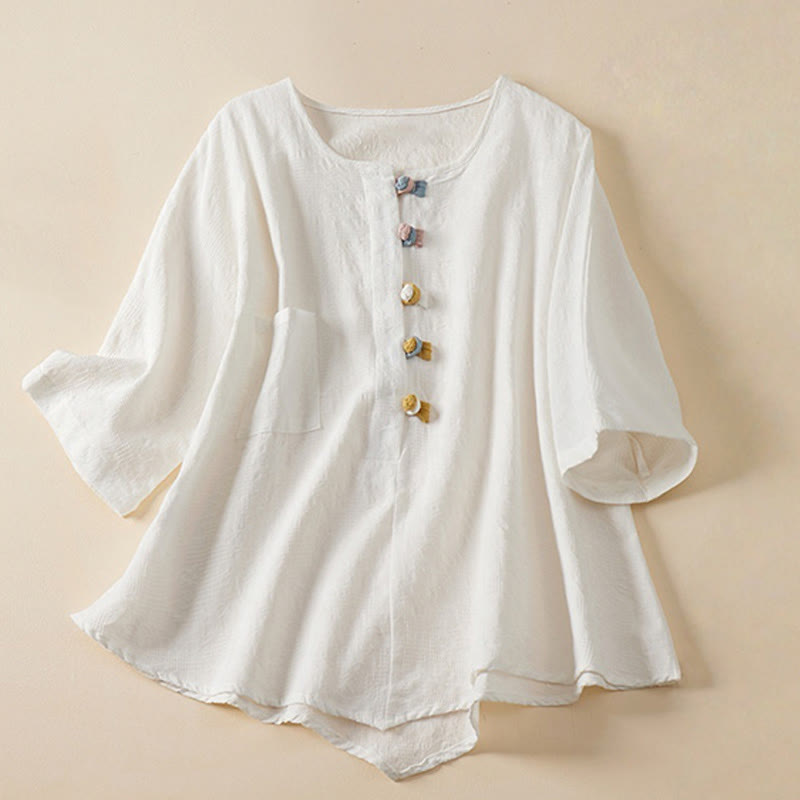 Buddha Stonesカジュアルフラワーカラフルカエルボタンハーフスリーブレディースシャツ - 白 - US8-10，UK/AU12-14，EU40-42 (2XL) - image 14