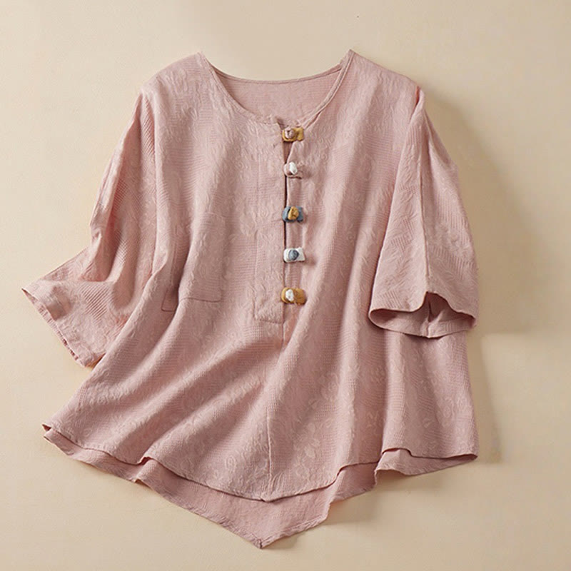Buddha Stonesカジュアルフラワーカラフルフロッグボタン半袖コットンリネンレディースシャツ - ピンク - US8-10，UK/AU12-14，EU40-42 (2XL) - image 4