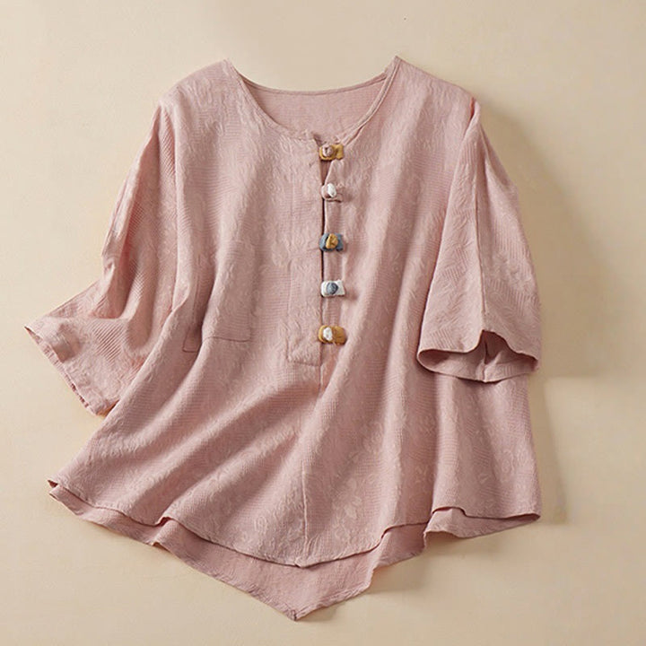 Buddha Stonesカジュアルフラワーカラフルフロッグボタン半袖コットンリネンレディースシャツ - ピンク - US8-10，UK/AU12-14，EU40-42 (2XL) - image 4
