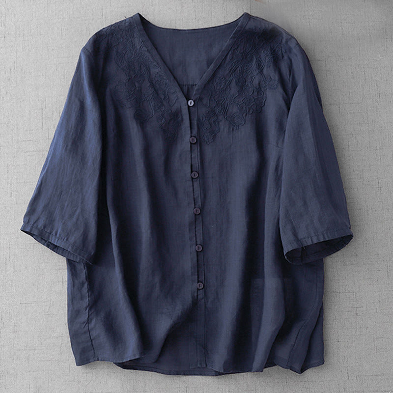 Buddha Stonesをモチーフにした芸術的な無地刺繍入りフロントボタンデザインのレディースコットン半袖シャツ - image 26