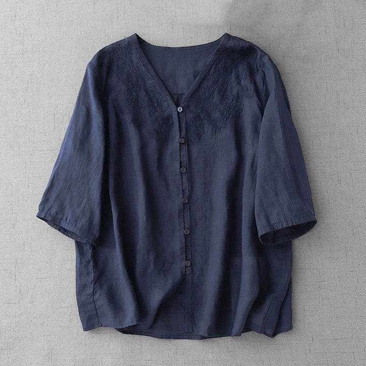 Buddha Stonesをモチーフにした芸術的な無地刺繍入りフロントボタンデザインのレディースコットン半袖シャツ - ミッドナイトブルー - US12、 UK/AU16、 EU44 (2XL) - image 22