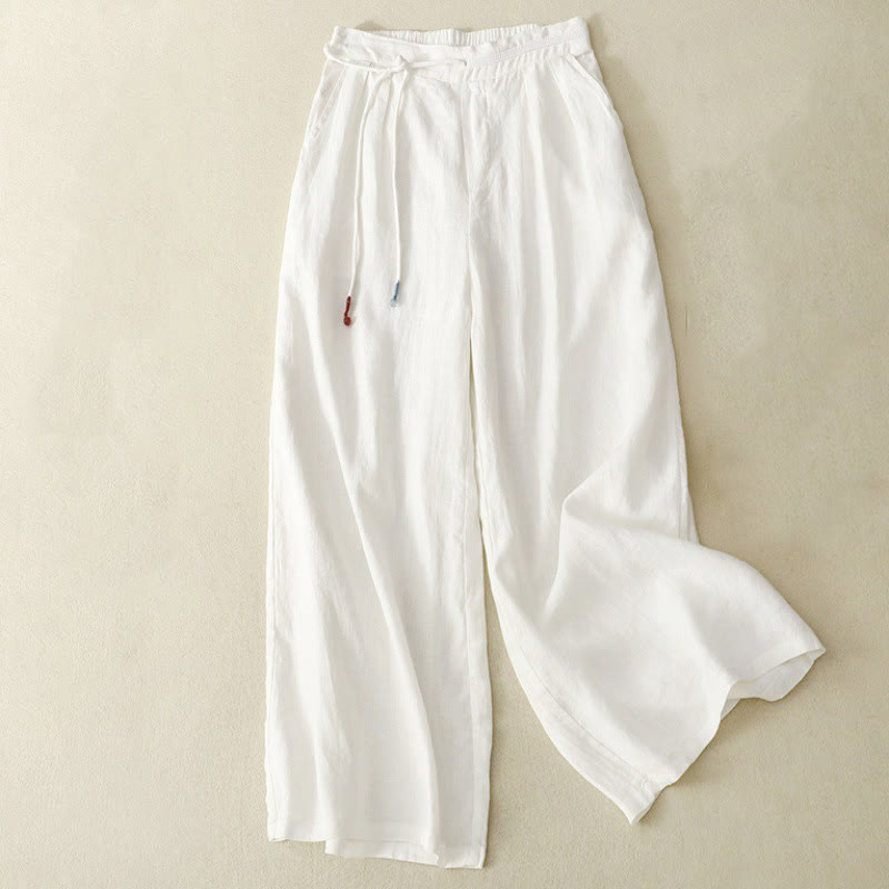 Buddha Stones春 カジュアル 無地 ドローストリングデザイン レディース コットンリネン 7-8丈 ワイドレッグパンツ ポケット付き - 白 - US8-10，UK/AU12-14，EU40-42 (2XL) - image 3