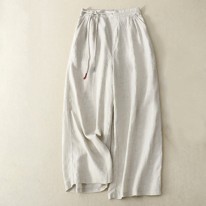 Buddha Stones春 カジュアル 無地 ドローストリングデザイン レディース コットンリネン 7-8丈 ワイドレッグパンツ ポケット付き - ベージュ - US8-10，UK/AU12-14，EU40-42 (2XL) - image 10