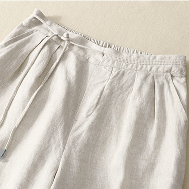 Buddha Stones春 カジュアル 無地 ドローストリングデザイン レディース コットンリネン 7-8丈 ワイドレッグパンツ ポケット付き - image 12