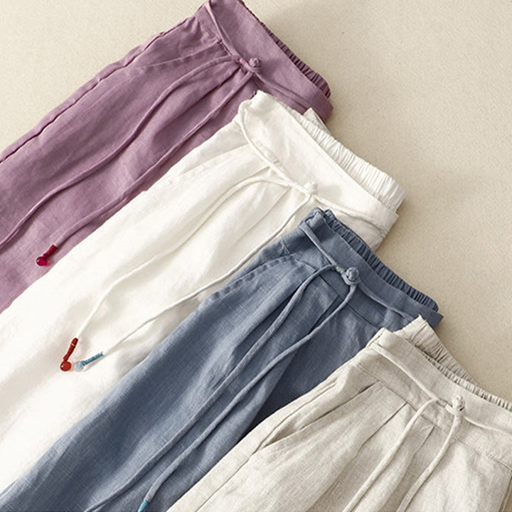 Buddha Stones春 カジュアル 無地 ドローストリングデザイン レディース コットンリネン 7-8丈 ワイドレッグパンツ ポケット付き - image 19