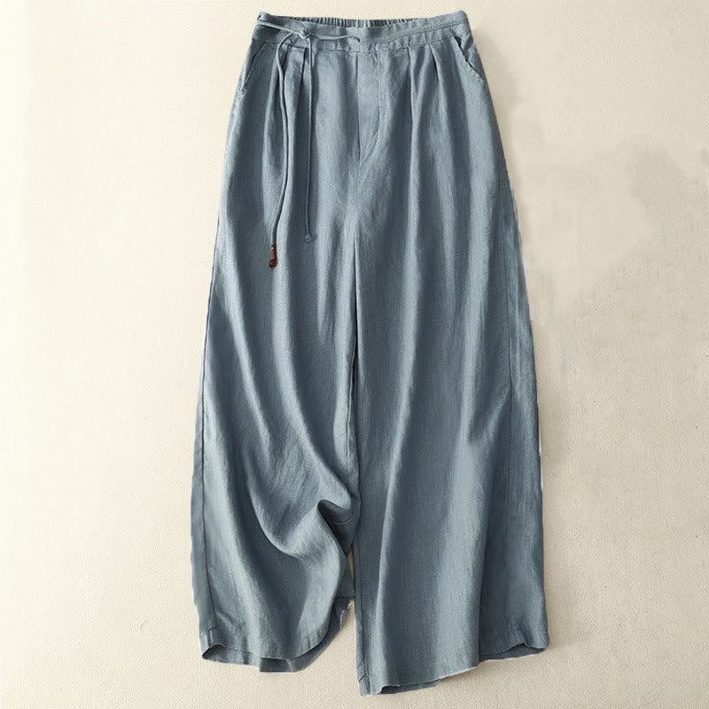 Buddha Stones春 カジュアル 無地 ドローストリングデザイン レディース コットンリネン 7-8丈 ワイドレッグパンツ ポケット付き - スティールブルー - US8-10，UK/AU12-14，EU40-42 (2XL) - image 6