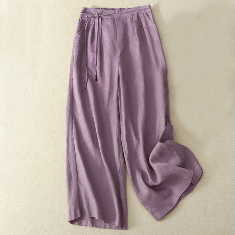 Buddha Stones春 カジュアル 無地 ドローストリングデザイン レディース コットンリネン 7-8丈 ワイドレッグパンツ ポケット付き - ミディアムオーキッド - US8-10，UK/AU12-14，EU40-42 (2XL) - image 0