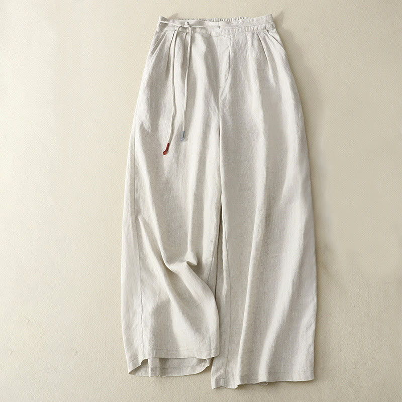 Buddha Stones春 カジュアル 無地 ドローストリングデザイン レディース コットンリネン 7-8丈 ワイドレッグパンツ ポケット付き - ベージュ - US8-10，UK/AU12-14，EU40-42 (2XL) - image 10