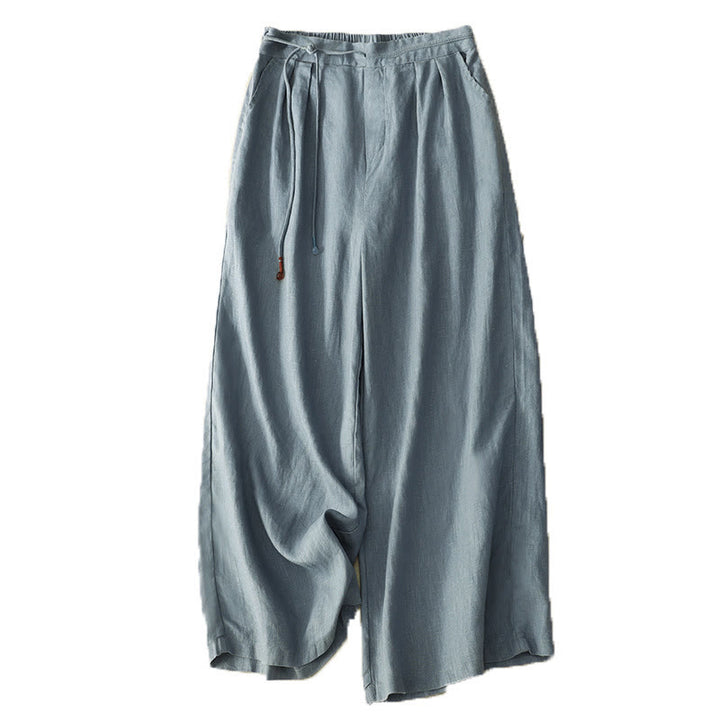Buddha Stones春 カジュアル 無地 ドローストリングデザイン レディース コットンリネン 7-8丈 ワイドレッグパンツ ポケット付き - image 9