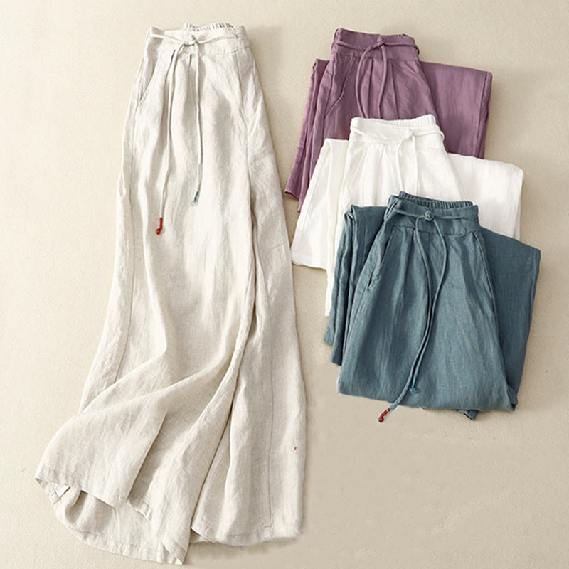Buddha Stones春 カジュアル 無地 ドローストリングデザイン レディース コットンリネン 7-8丈 ワイドレッグパンツ ポケット付き - image 18