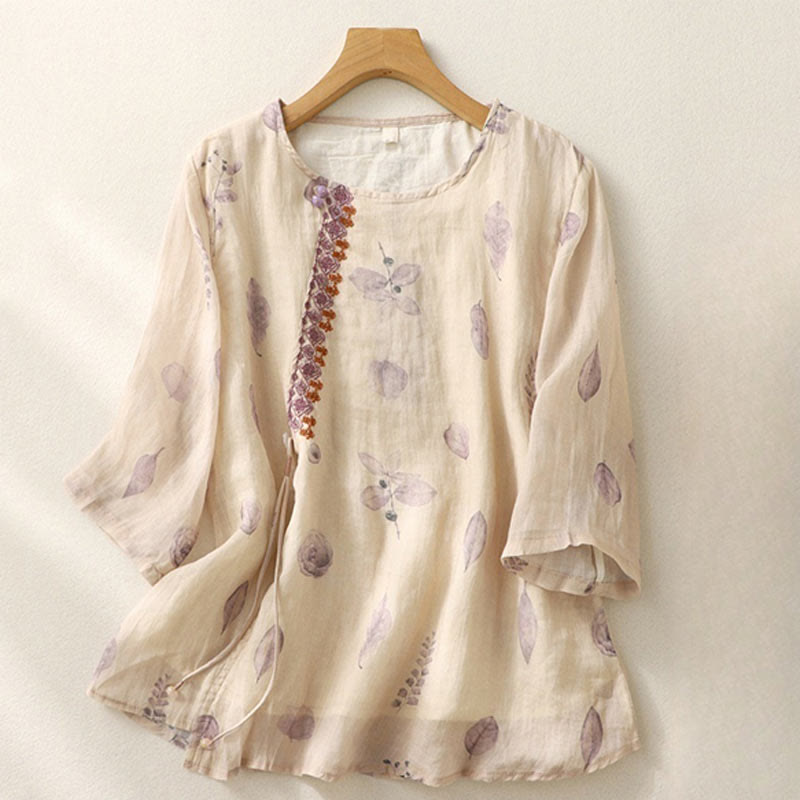 Buddha Stones刺繍デザイン 葉柄 レディース コットンリネン 七分袖シャツ - オールドレース - US12、 UK/AU16、 EU44 (2XL) - image 0