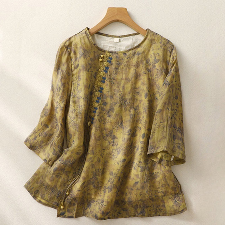 Buddha Stones刺繍デザイン 葉柄 レディース コットンリネン 七分袖シャツ - ダークゴールデンロッド - US12、 UK/AU16、 EU44 (2XL) - image 13