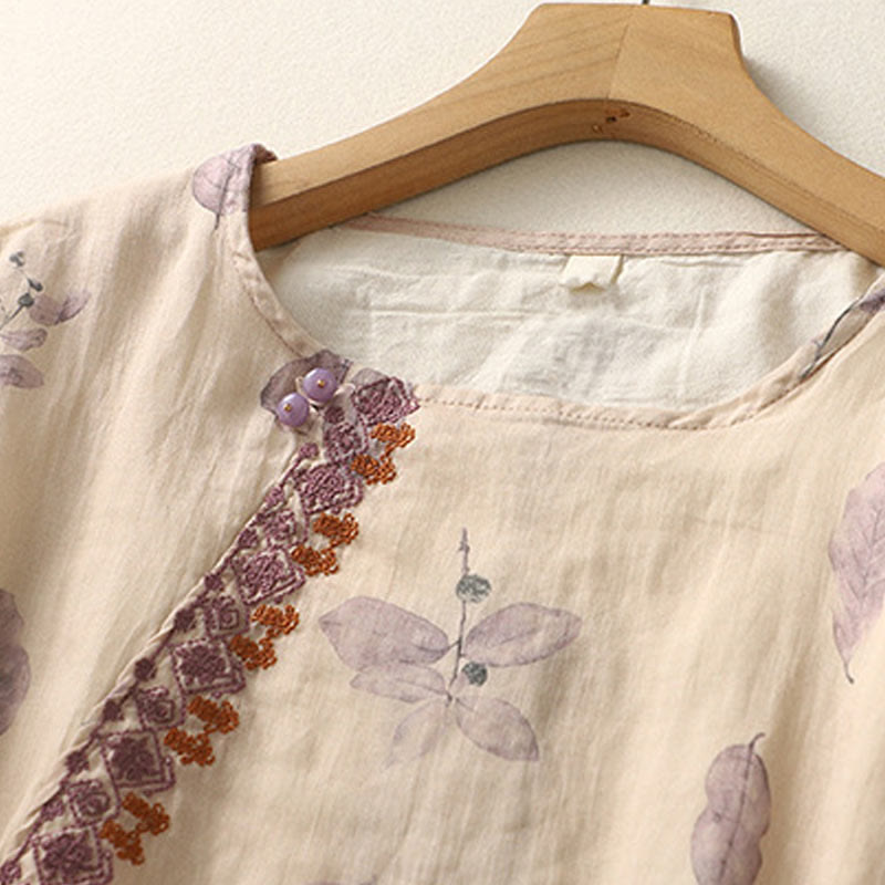 Buddha Stones刺繍デザイン 葉柄 レディース コットンリネン 七分袖シャツ - image 4