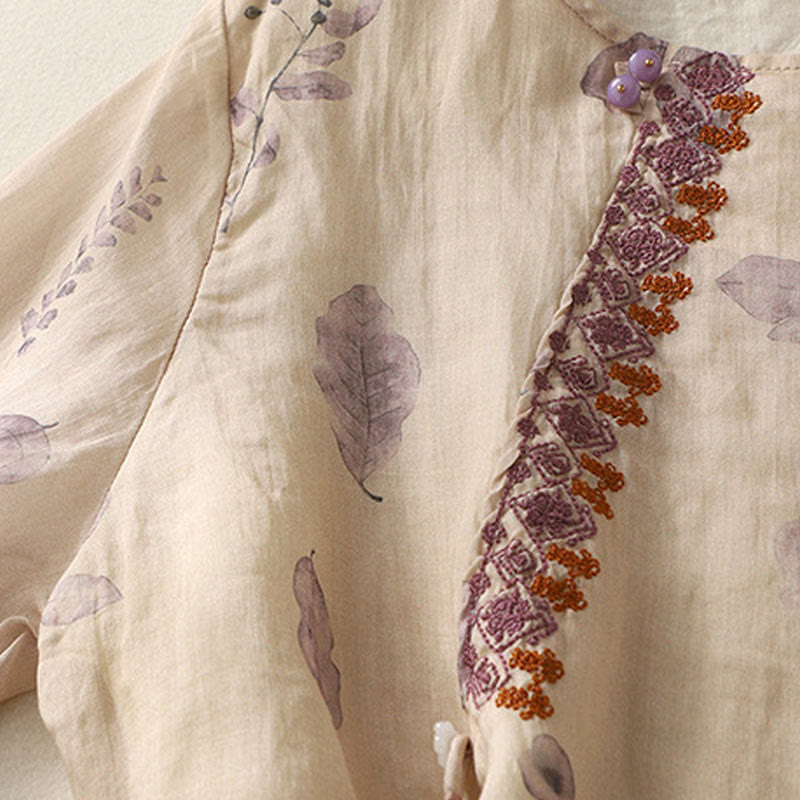 Buddha Stones刺繍デザイン 葉柄 レディース コットンリネン 七分袖シャツ - image 7