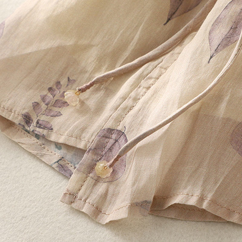 Buddha Stones刺繍デザイン 葉柄 レディース コットンリネン 七分袖シャツ - image 10