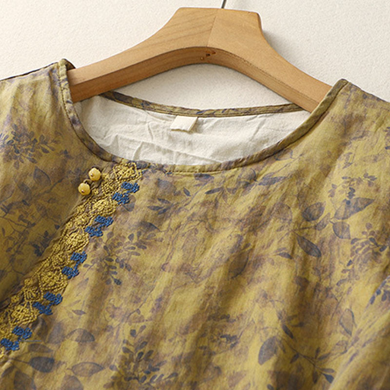 Buddha Stones刺繍デザイン 葉柄 レディース コットンリネン 七分袖シャツ - image 15