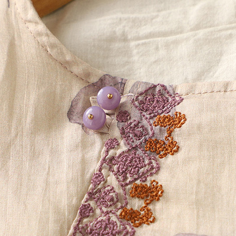 Buddha Stones刺繍デザイン 葉柄 レディース コットンリネン 七分袖シャツ - image 5